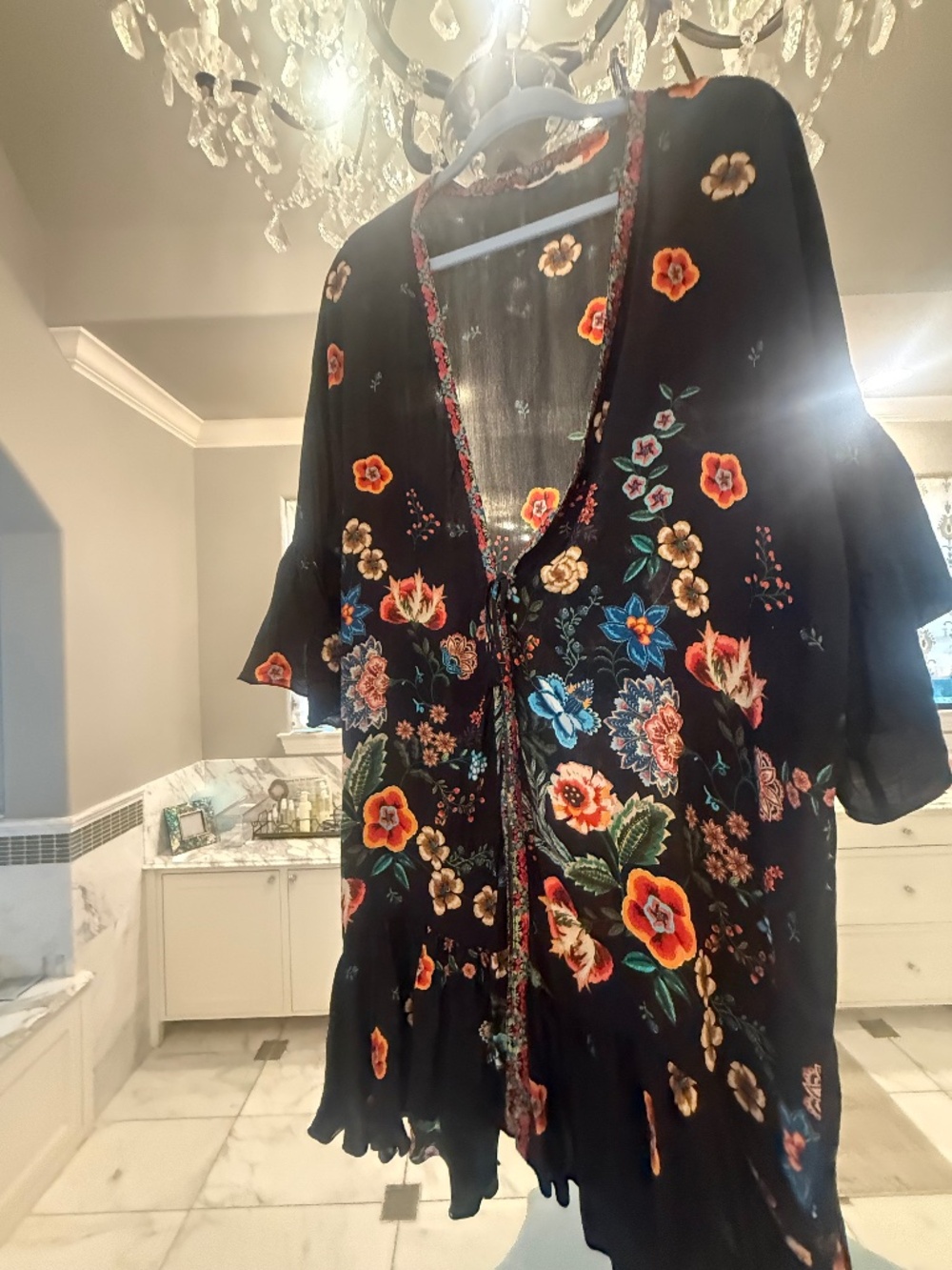 Johnny Was Nora Ruffle Kimono Black Floral Silk Boho Duster Cover-Up - Picture 4 of 13